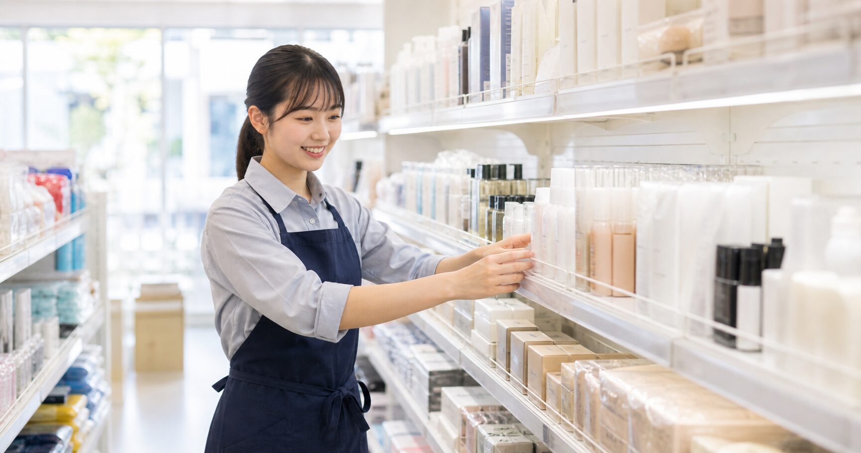ドラッグストアで化粧品・日用品の商品棚を整理する若いスタッフの写真