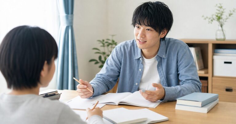 テーブルで教材を使いながら生徒に教える大学生の家庭教師の写真