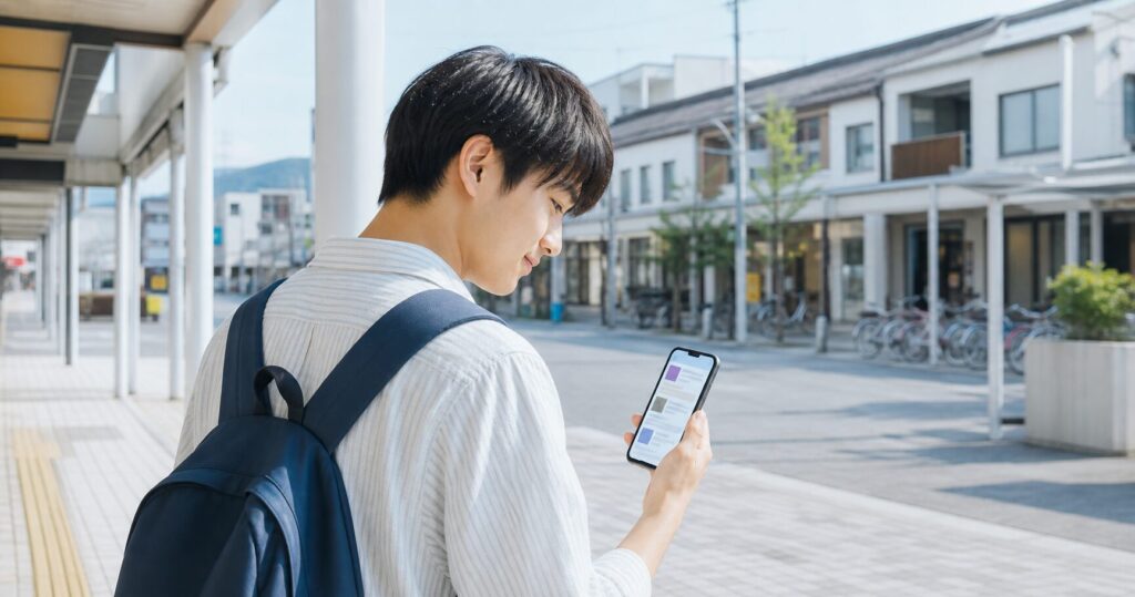 街中でスマホで求人を探す学生の写真