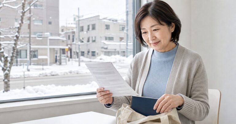 雪の残る札幌の街並みを背景に求人情報を見る日本人女性の写真