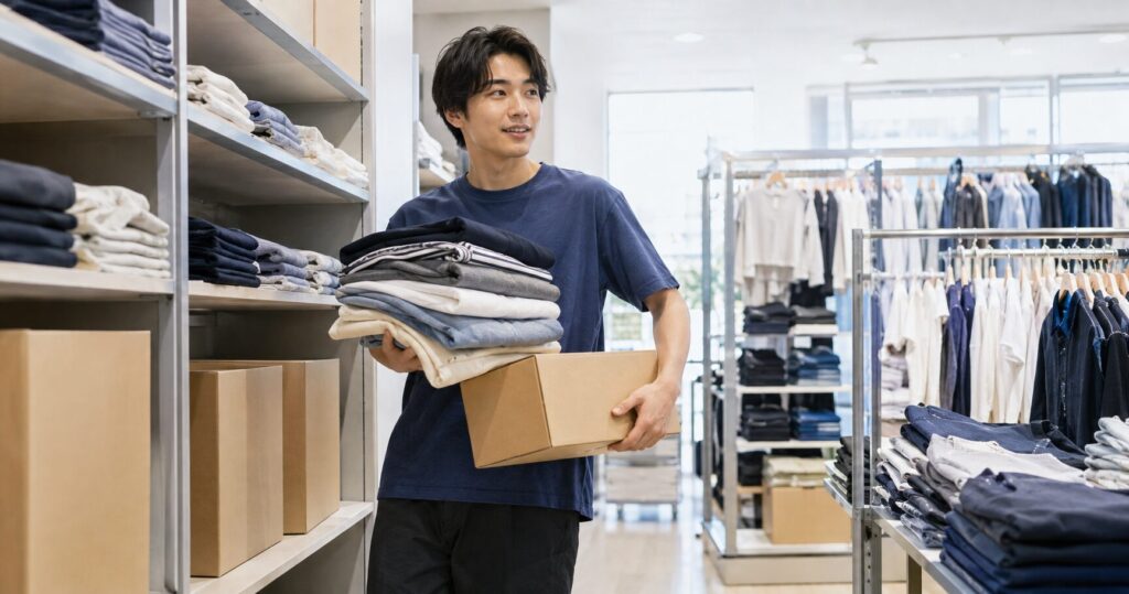 衣料品店のバックヤードで品出し作業をする若者の写真