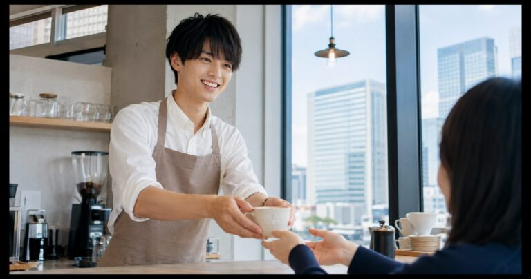 カフェのカウンターで接客する若者の写真