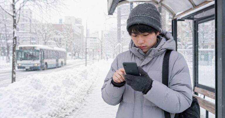 雪の積もる札幌の街角でスマートフォンを操作しながらスキマバイトの求人を探す若者の写真