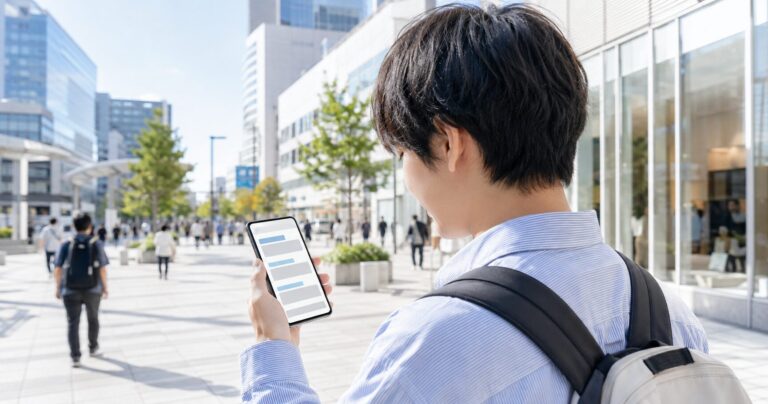 福岡市の街中でスマートフォンを操作しながら単発バイトの求人を探す若者の写真